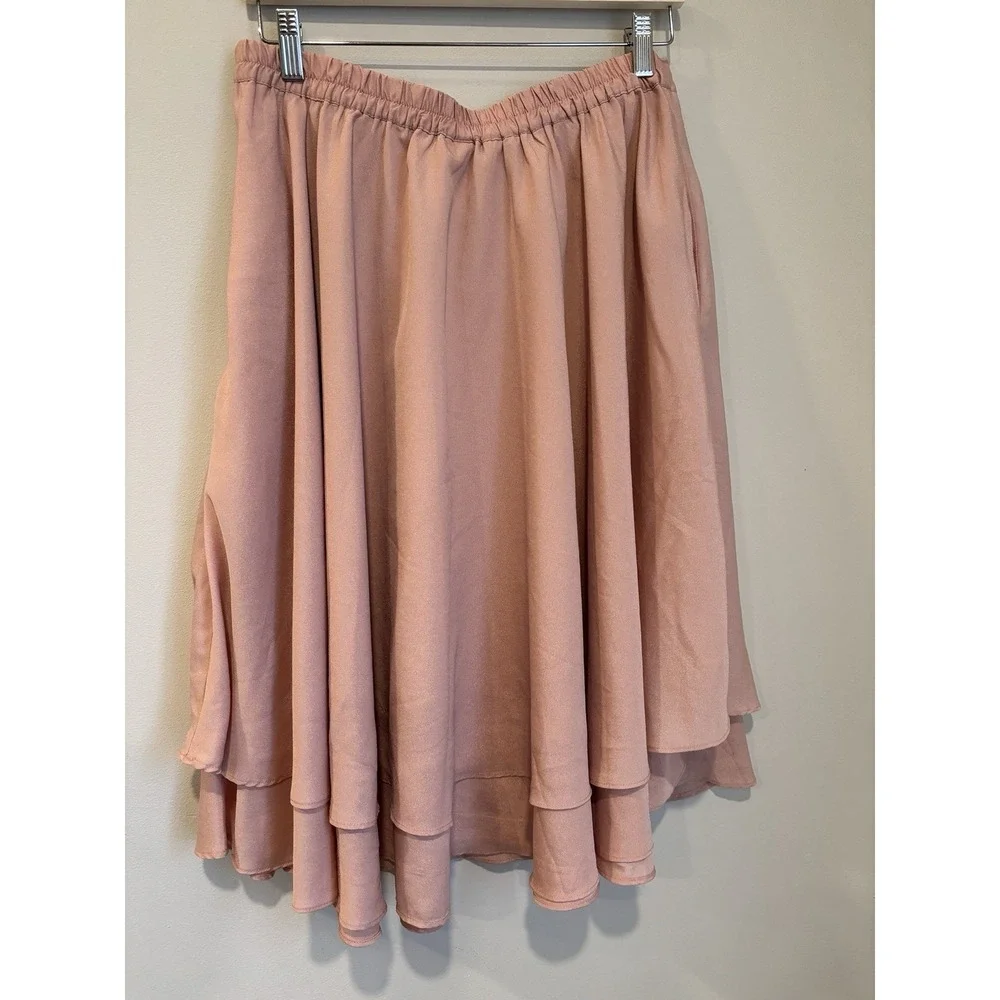 Lara Women's Light Pink XL Tiered Ruffle Skirt Elastic Waist Pockets Knee Length
